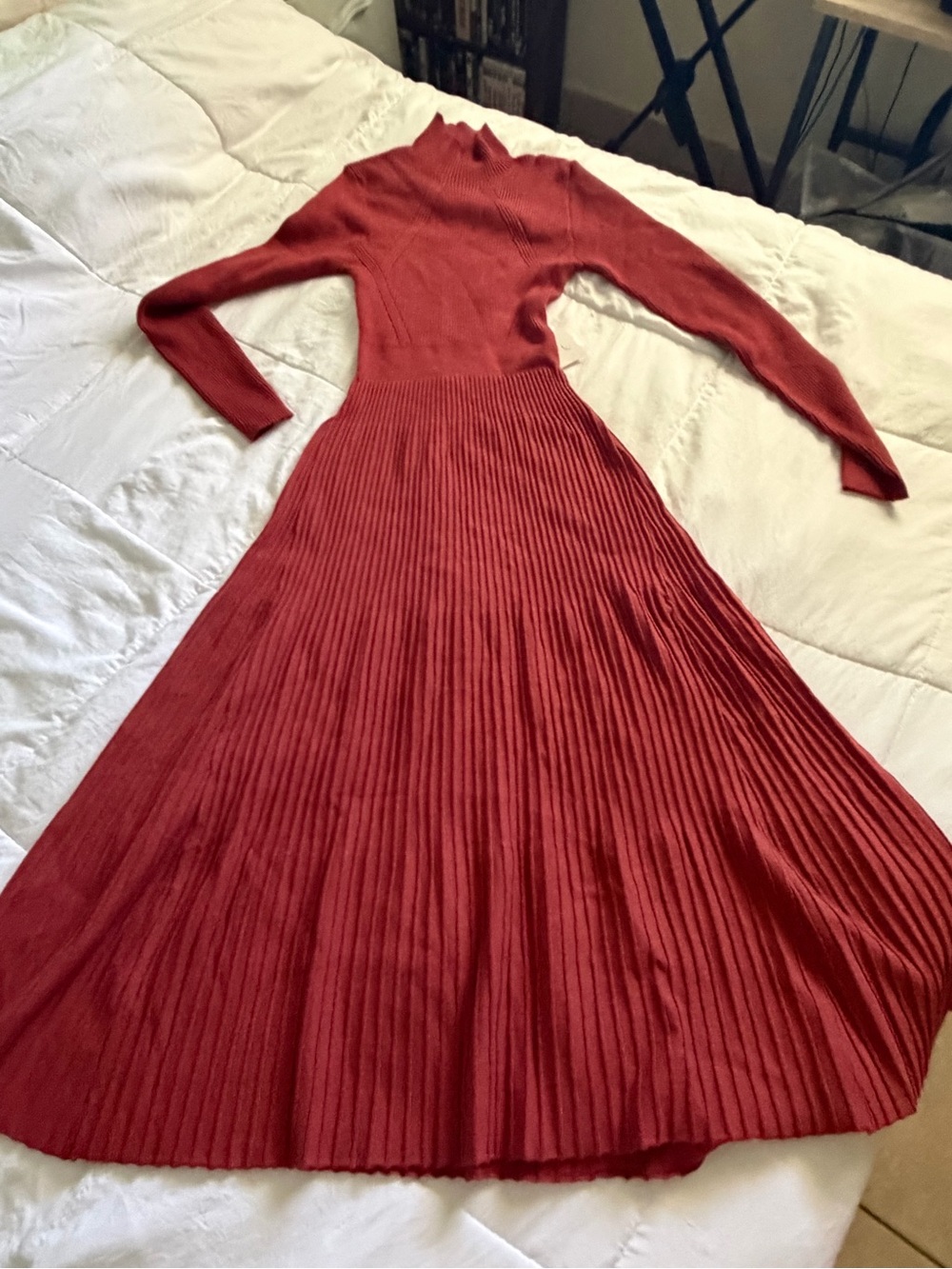 Flying Tomato Turtleneck Ribbed Pleated Midi Dress - Terracotta